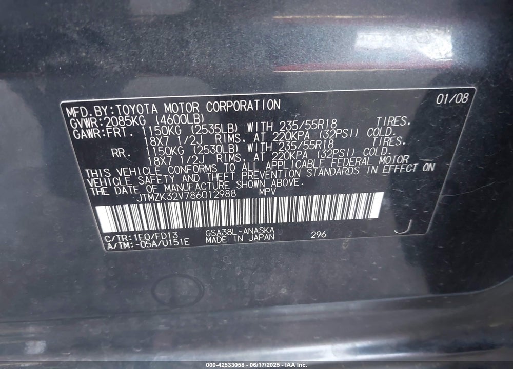 2008 TOYOTA RAV4 VIN: JTMZK32V786012988