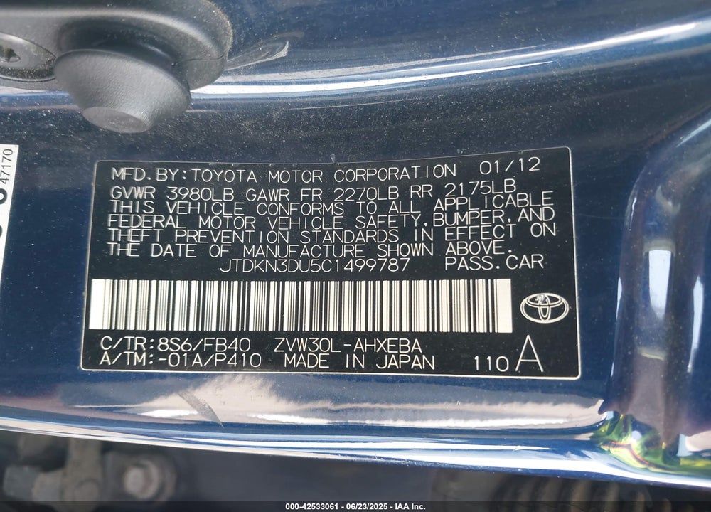 2012 TOYOTA PRIUS TWO VIN: JTDKN3DU5C1499787
