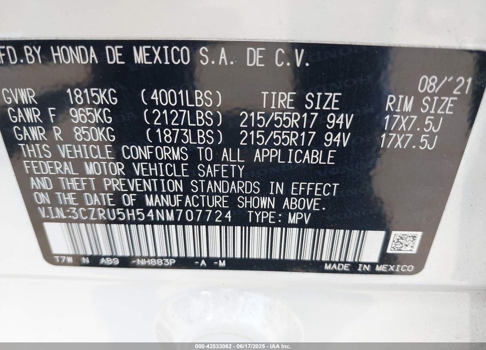 2022 HONDA HR-V 2WD EX VIN: 3CZRU5H54NM707724