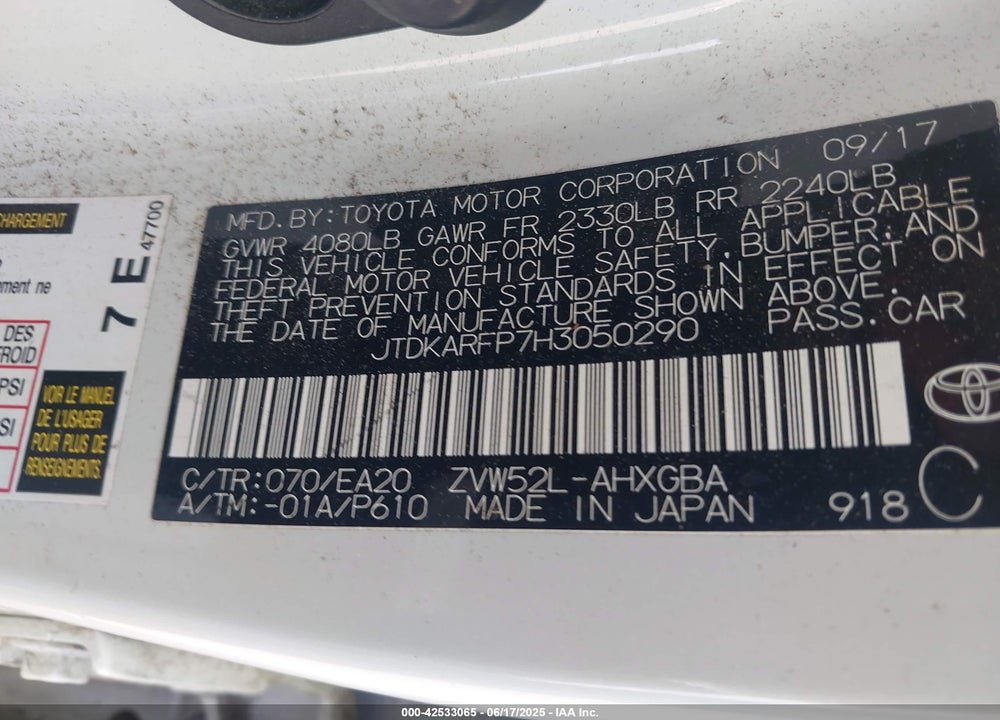 2017 TOYOTA PRIUS PRIME VIN: JTDKARFP7H3050290