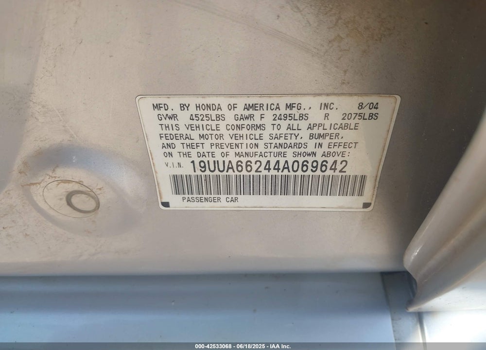 2004 ACURA TL VIN: 19UUA66244A069642