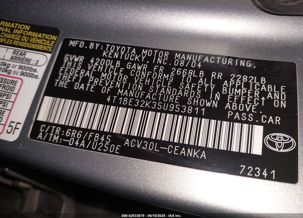 2005 TOYOTA CAMRY LE VIN: 4T1BE32K35U953811