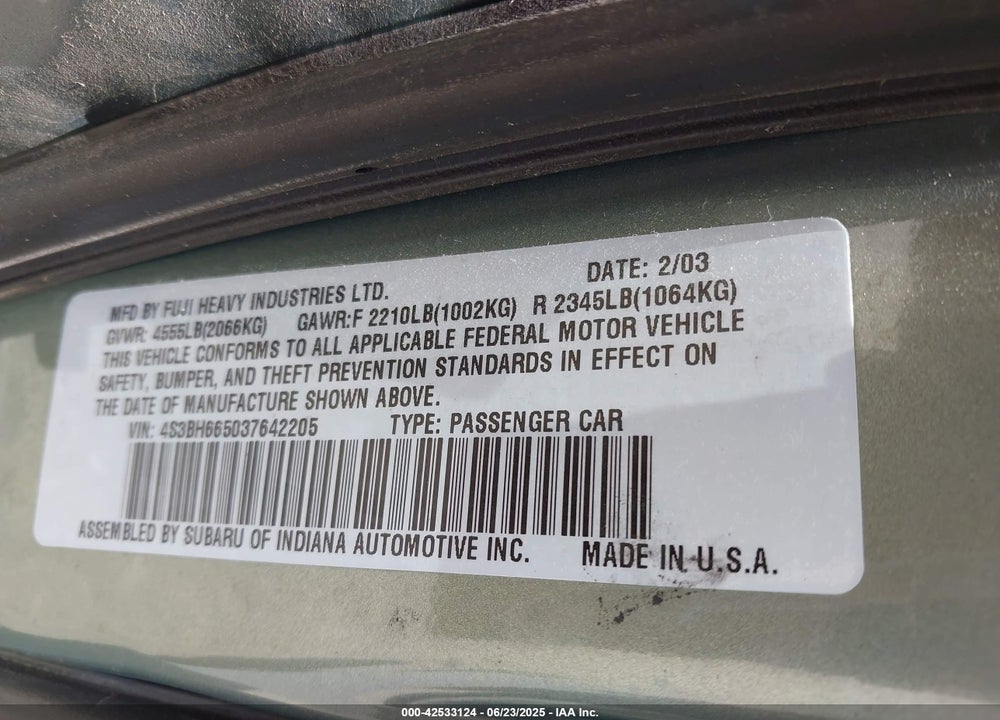 2003 SUBARU OUTBACK VIN: 4S3BH665037642205