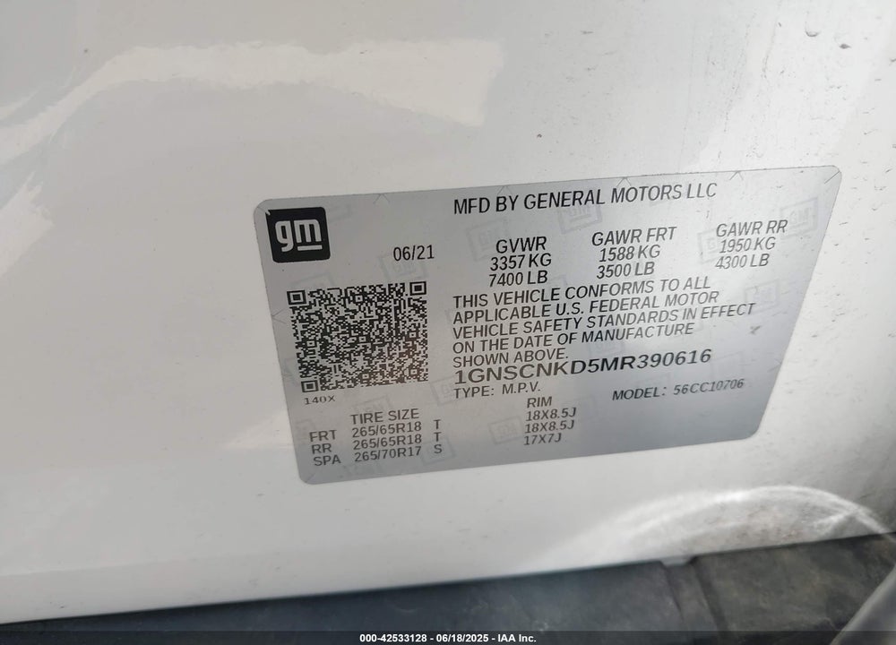 2021 CHEVROLET TAHOE VIN: 1GNSCNKD5MR390616