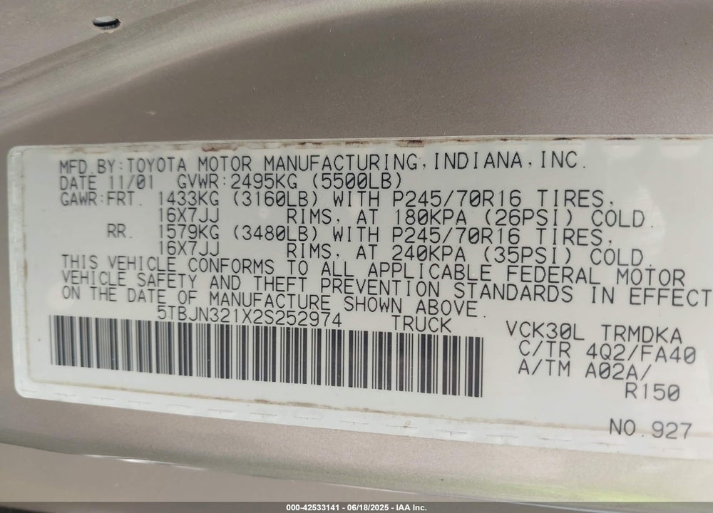 2002 TOYOTA TUNDRA VIN: 5TBJN321X2S252974