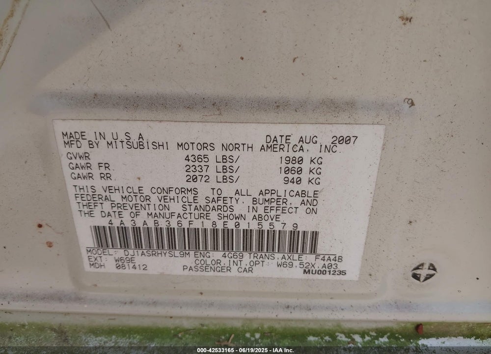 2008 MITSUBISHI GALANT VIN: 4A3AB36F18E015579