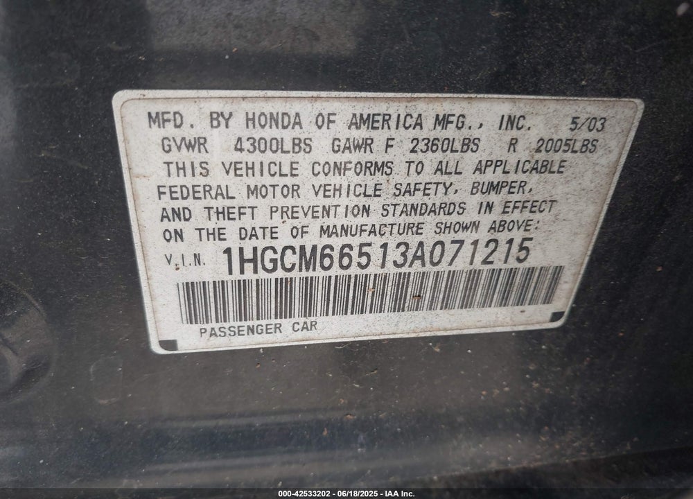 2003 HONDA ACCORD 3.0 EX VIN: 1HGCM66513A071215