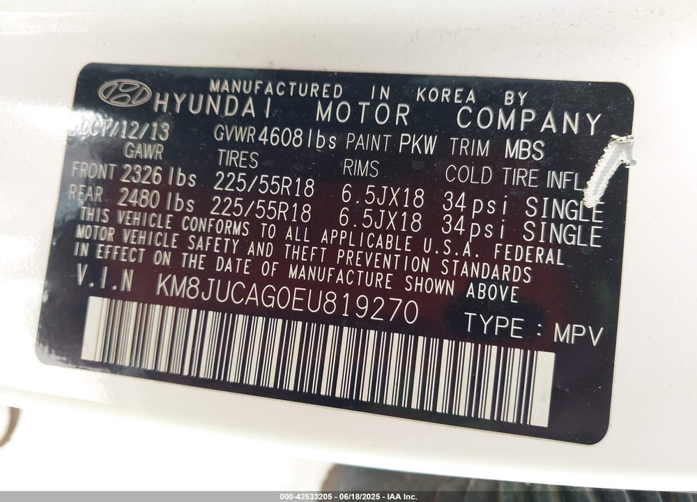 2014 HYUNDAI TUCSON VIN: KM8JUCAG0EU819270