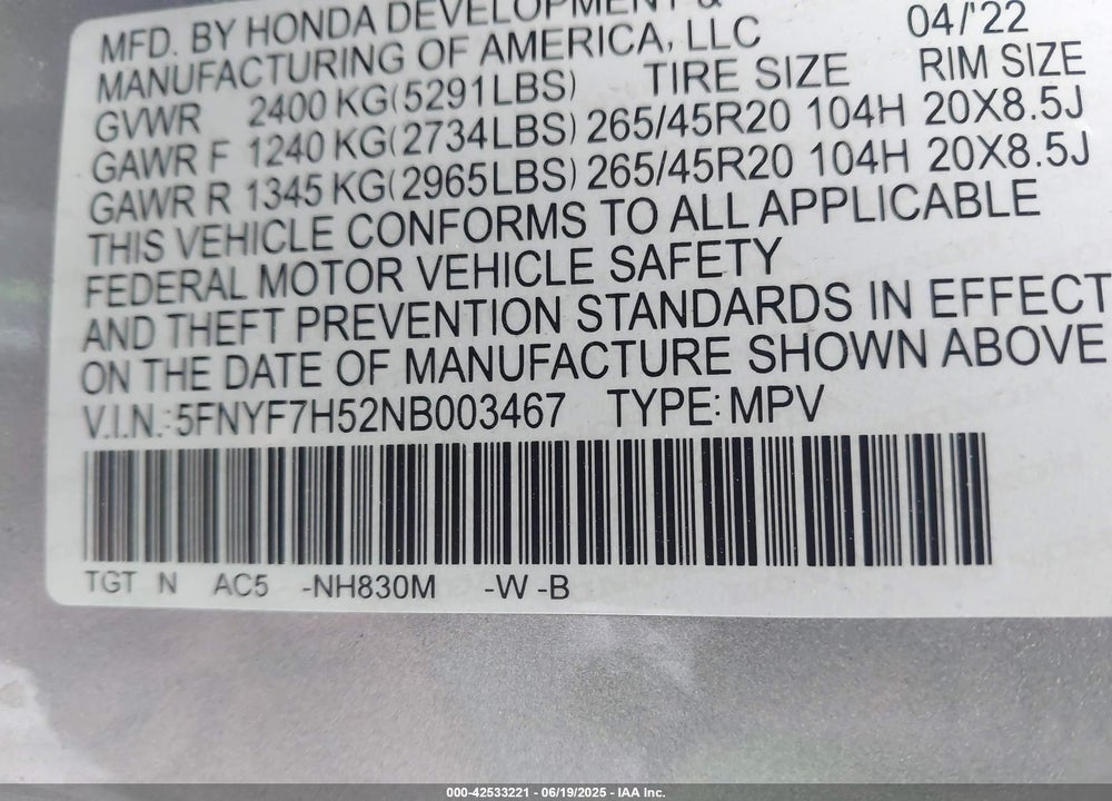 2022 HONDA PASSPORT VIN: 5FNYF7H52NB003467