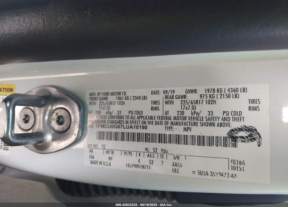 2020 FORD ESCAPE VIN: 1FMCU0G67LUA10190