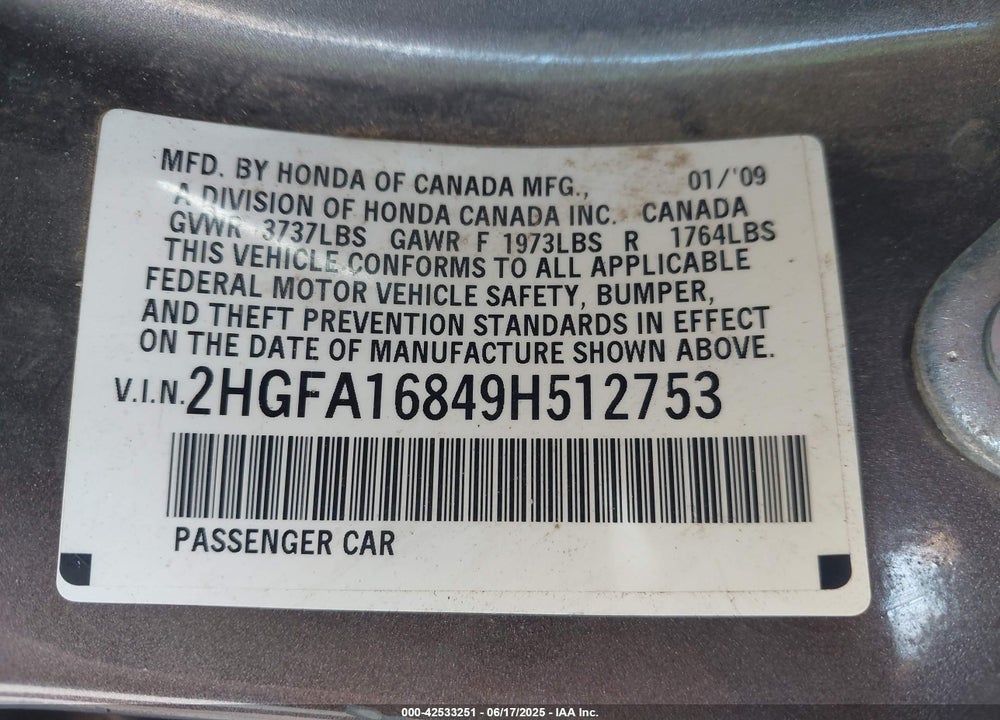 2009 HONDA CIVIC EX VIN: 2HGFA16849H512753