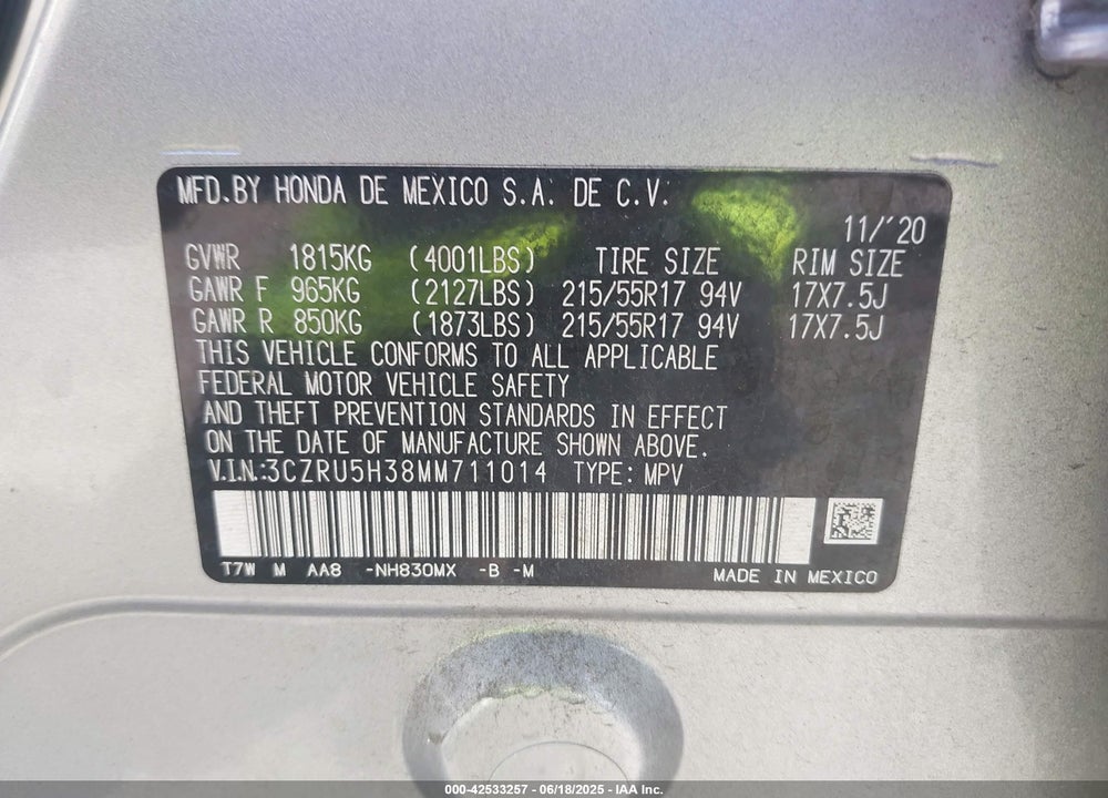 2021 HONDA HR-V 2WD LX VIN: 3CZRU5H38MM711014