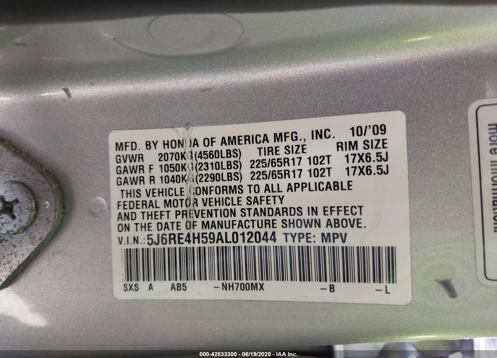 2010 HONDA CR-V VIN: 5J6RE4H59AL012044
