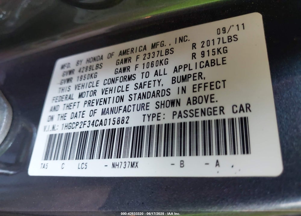 2012 HONDA ACCORD VIN: 1HGCP2F34CA015882