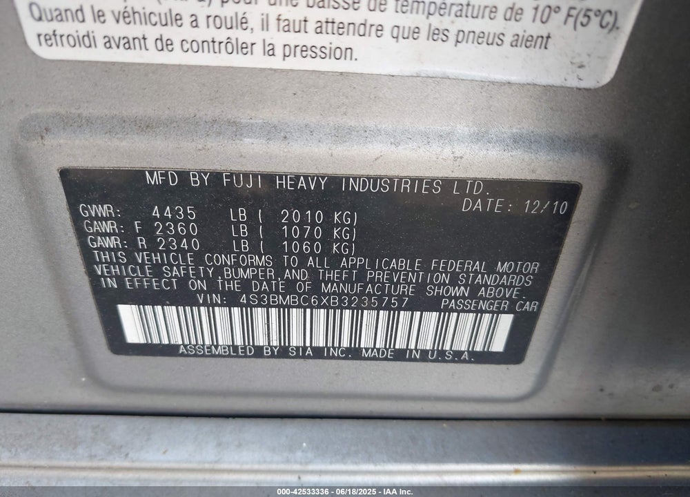 2011 SUBARU LEGACY VIN: 4S3BMBC6XB3235757