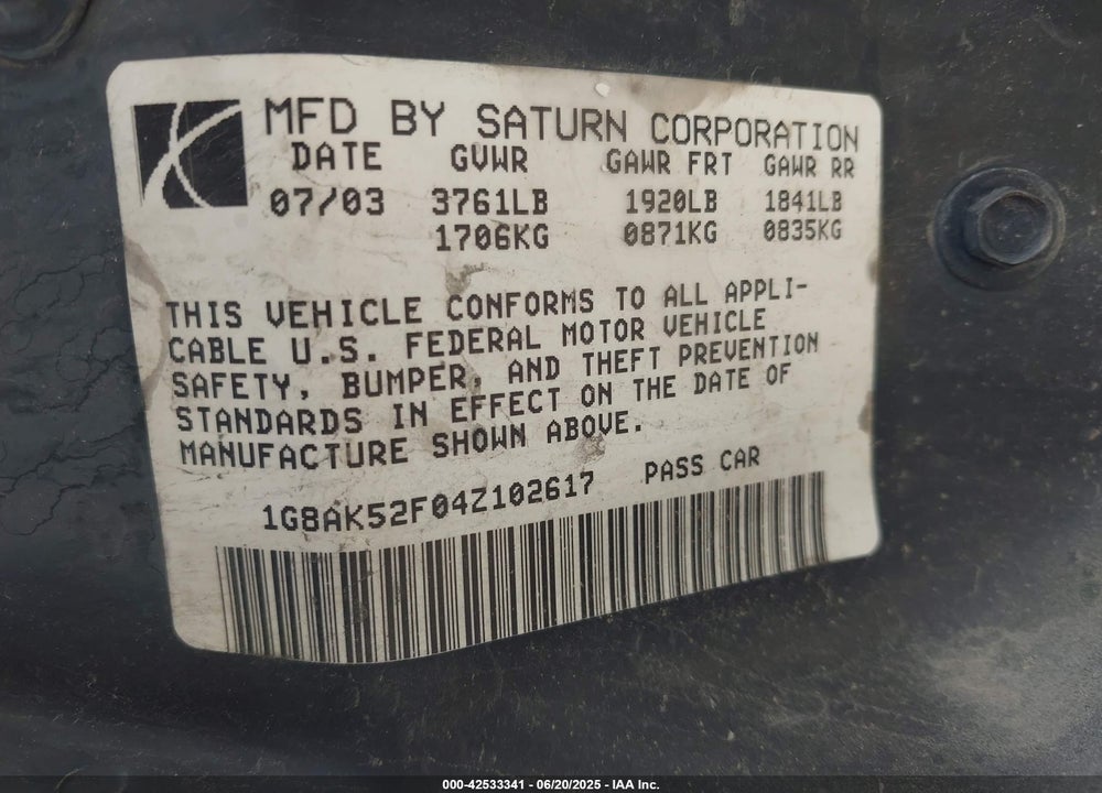 2004 SATURN ION 3 VIN: 1G8AK52F04Z102617