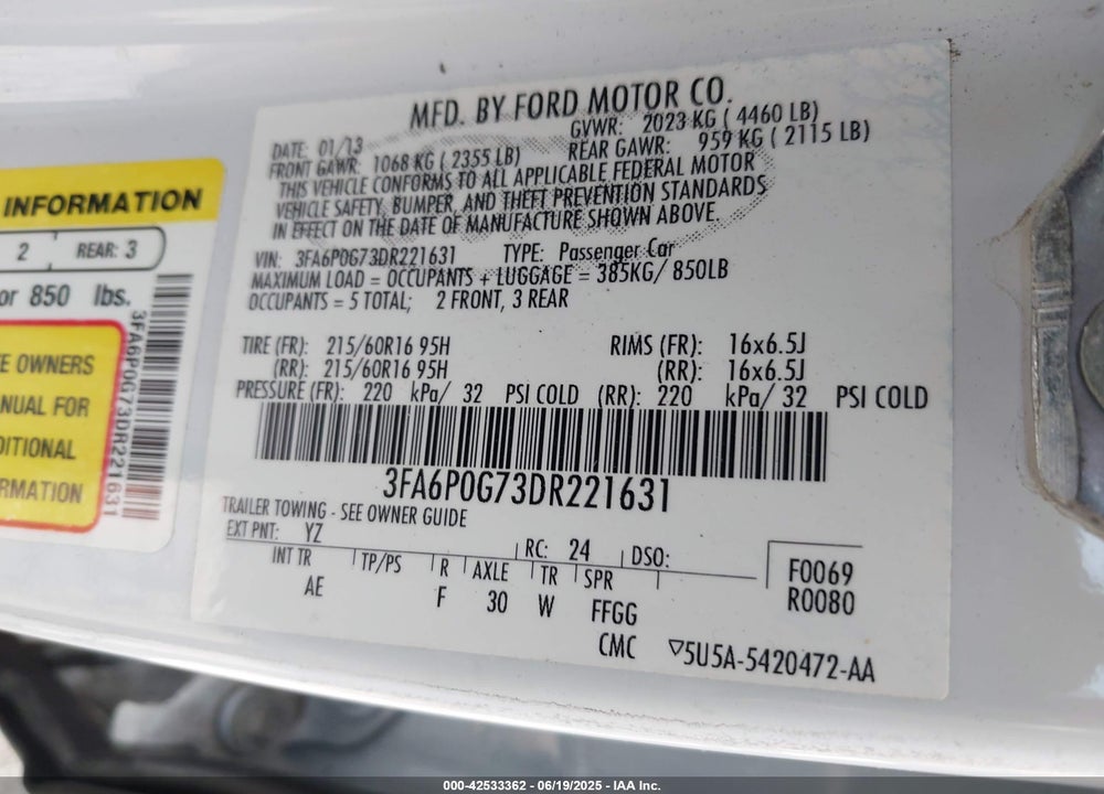 2013 FORD FUSION VIN: 3FA6P0G73DR221631