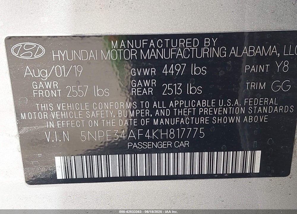 2019 HYUNDAI SONATA VIN: 5NPE34AF4KH817775