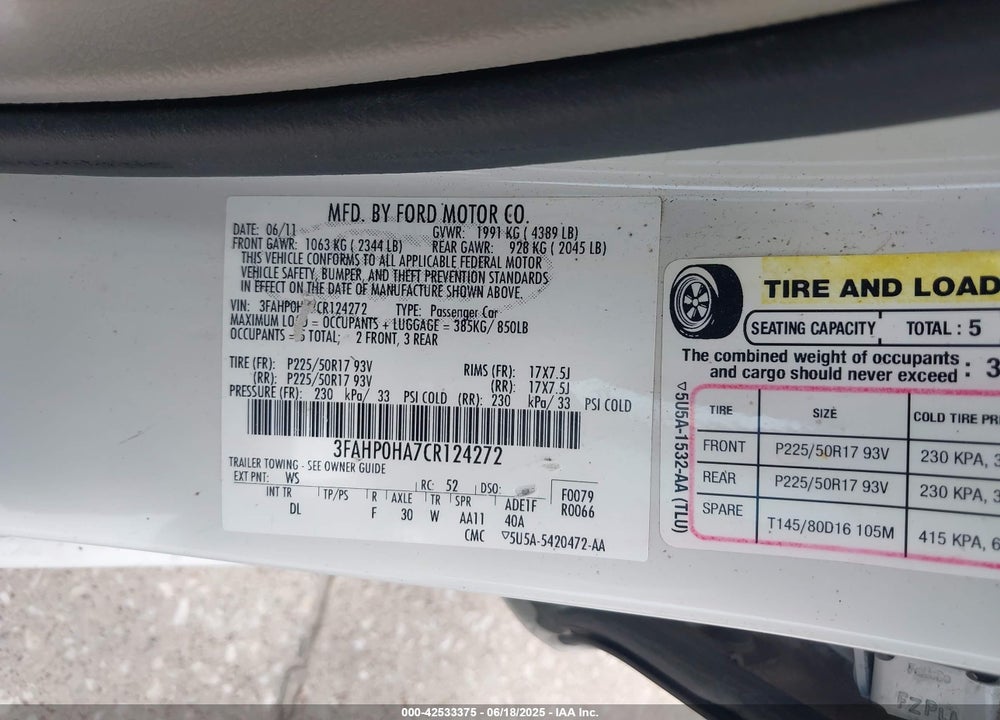 2012 FORD FUSION SE VIN: 3FAHP0HA7CR124272