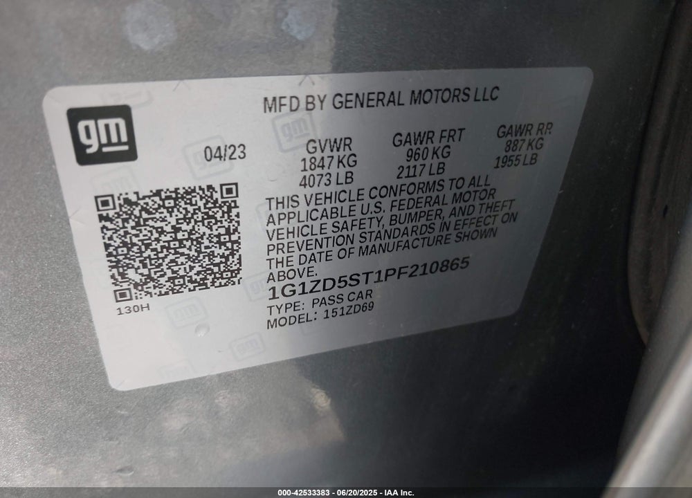 2023 CHEVROLET MALIBU FWD 1LT VIN: 1G1ZD5ST1PF210865