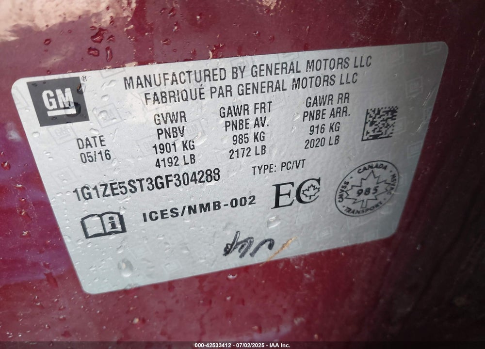 2016 CHEVROLET MALIBU VIN: 1G1ZE5ST3GF304288