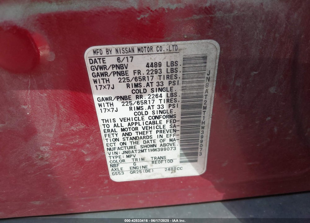2017 NISSAN ROGUE SV VIN: JN8AT2MT1HW399073