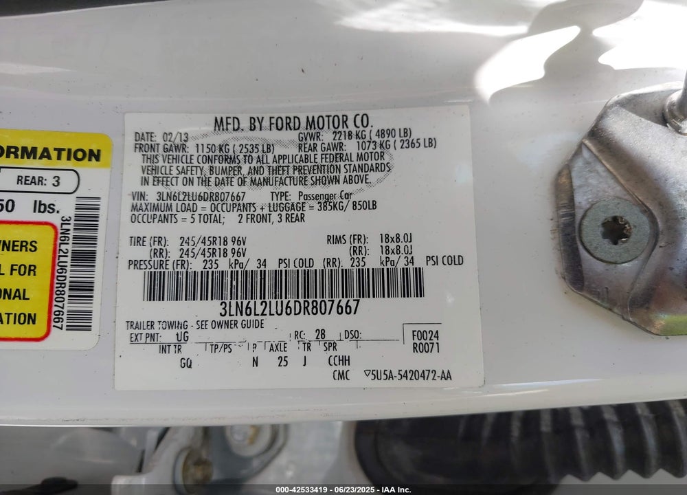 2013 LINCOLN MKZ HYBRID VIN: 3LN6L2LU6DR807667