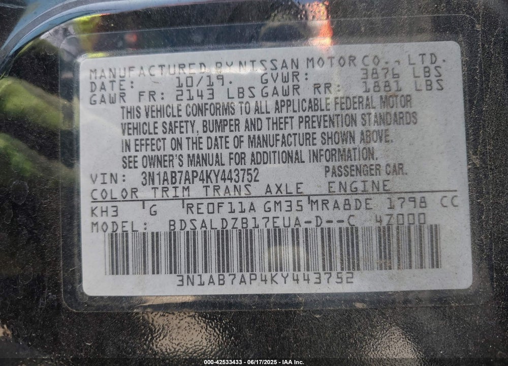 2019 NISSAN SENTRA VIN: 3N1AB7AP4KY443752