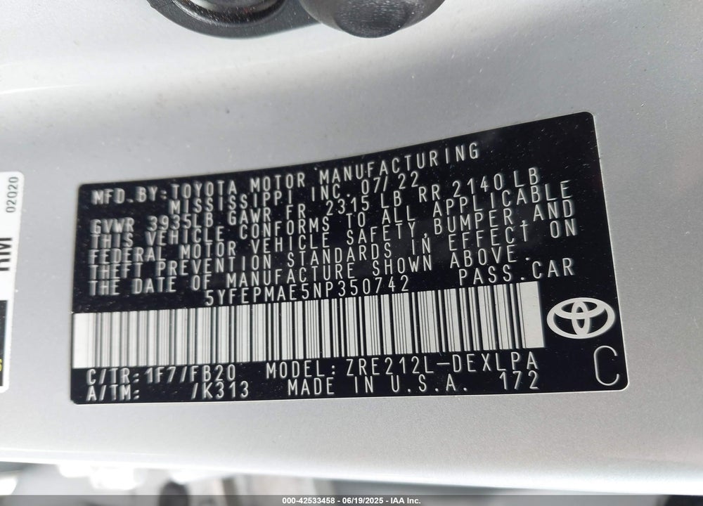 2022 TOYOTA COROLLA LE VIN: 5YFEPMAE5NP350742