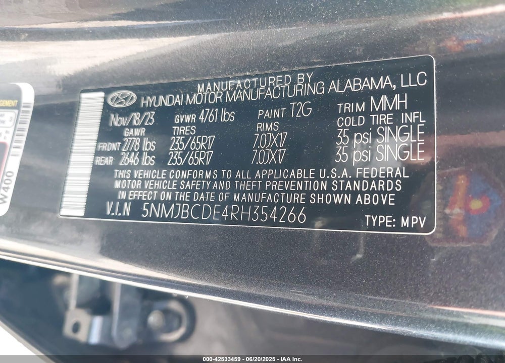 2024 HYUNDAI TUCSON SEL VIN: 5NMJBCDE4RH354266