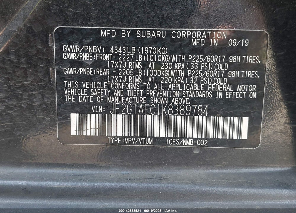 2019 SUBARU CROSSTREK 2.0I PREMIUM VIN: JF2GTAEC1K8389784