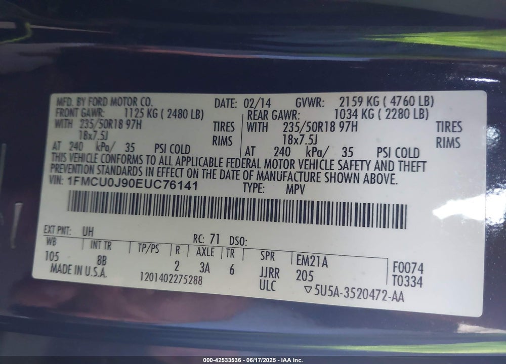 2014 FORD ESCAPE VIN: 1FMCU0J90EUC76141