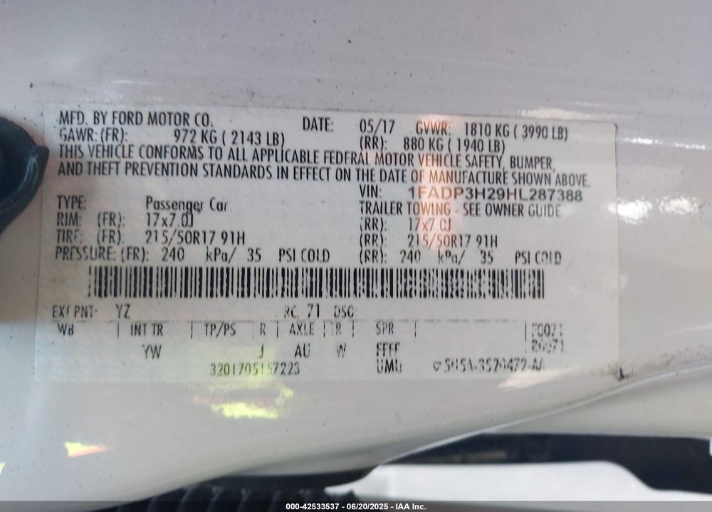 2017 FORD FOCUS VIN: 1FADP3H29HL287388