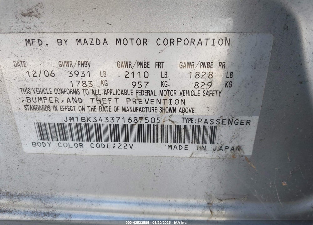 2007 MAZDA 3 S TOURING VIN: JM1BK343371687505