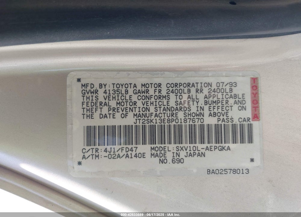 1993 TOYOTA CAMRY XLE VIN: JT2SK13E8P0187670