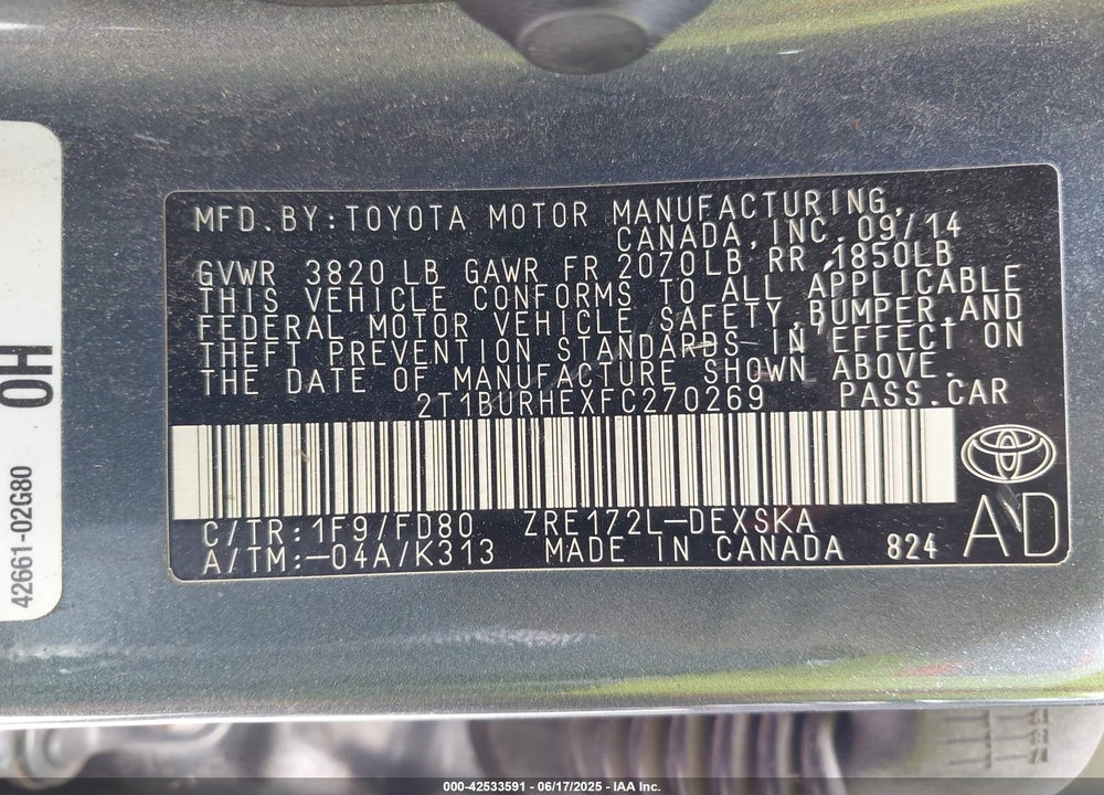2015 TOYOTA COROLLA S PLUS VIN: 2T1BURHEXFC270269