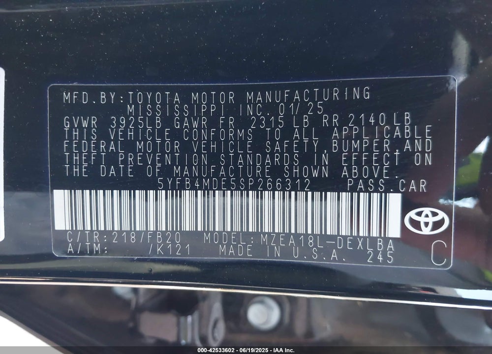2025 TOYOTA COROLLA LE VIN: 5YFB4MDE5SP266312