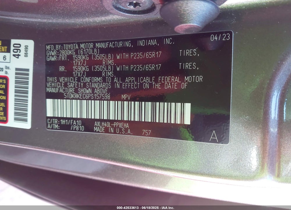 2023 TOYOTA SIENNA LE VIN: 5TDKRKEC6PS157598
