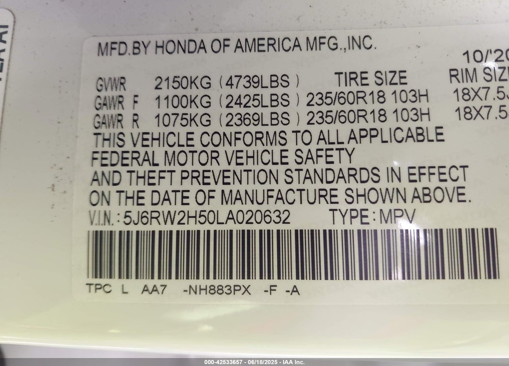 2020 HONDA CR-V VIN: 5J6RW2H50LA020632