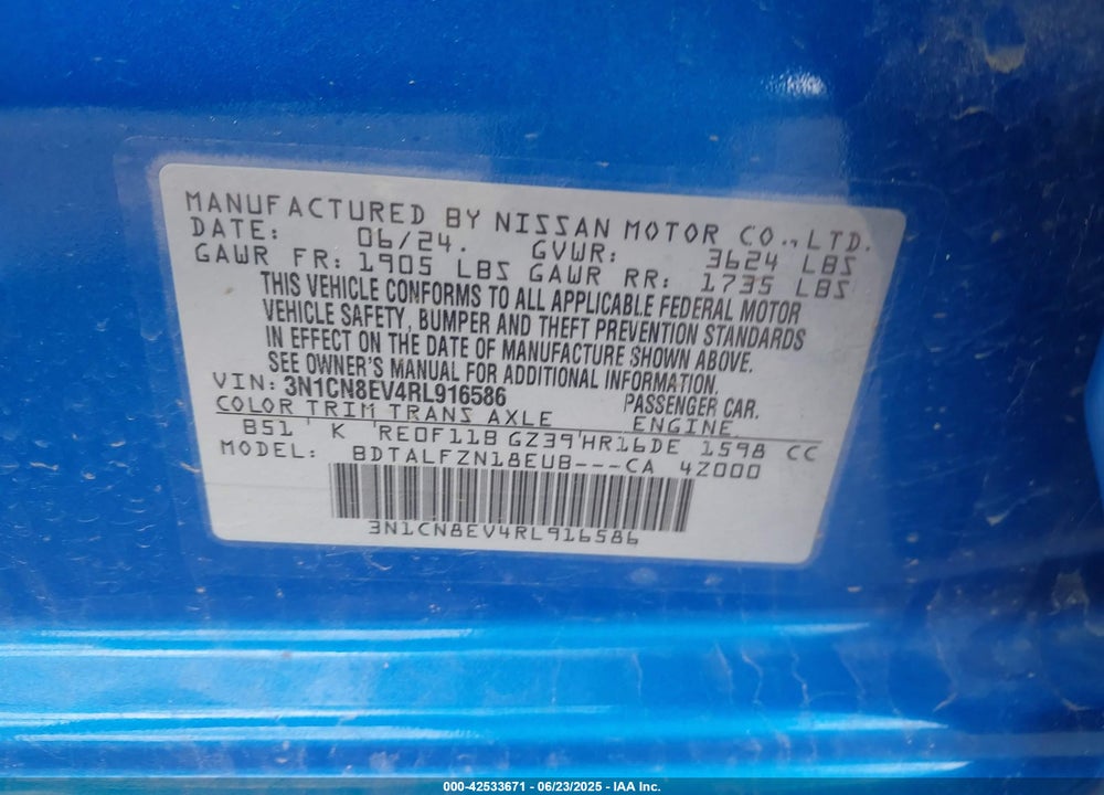 2024 NISSAN VERSA VIN: 3N1CN8EV4RL916586