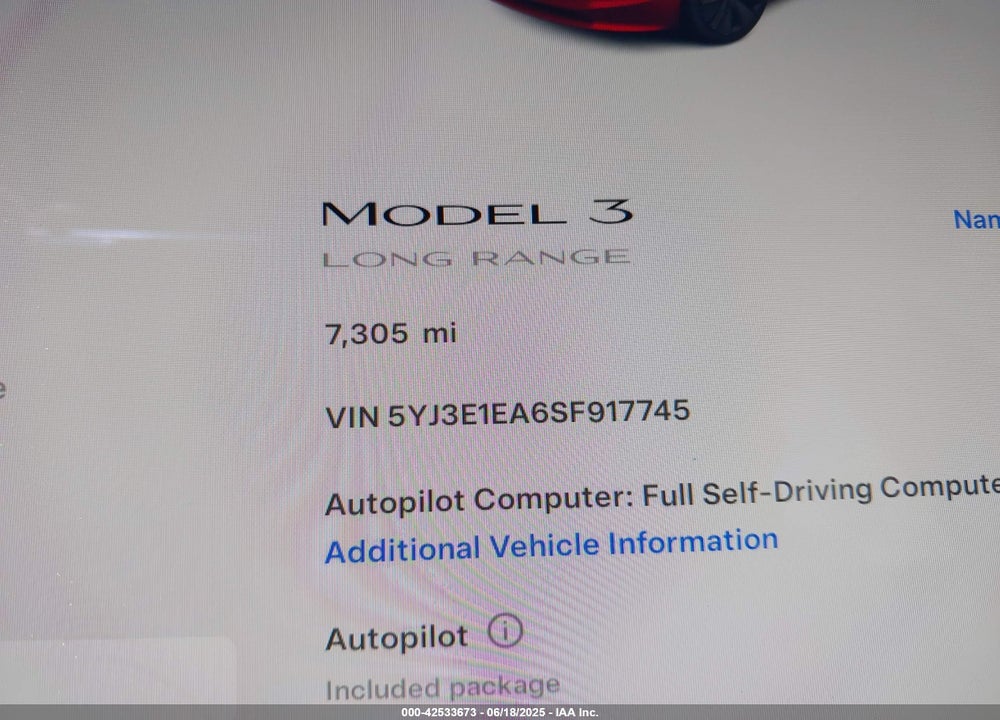 2025 TESLA MODEL 3 VIN: 5YJ3E1EA6SF917745