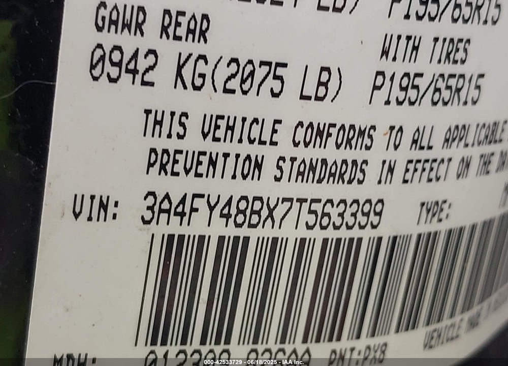 2007 CHRYSLER PT CRUISER VIN: 3A4FY48BX7T563399