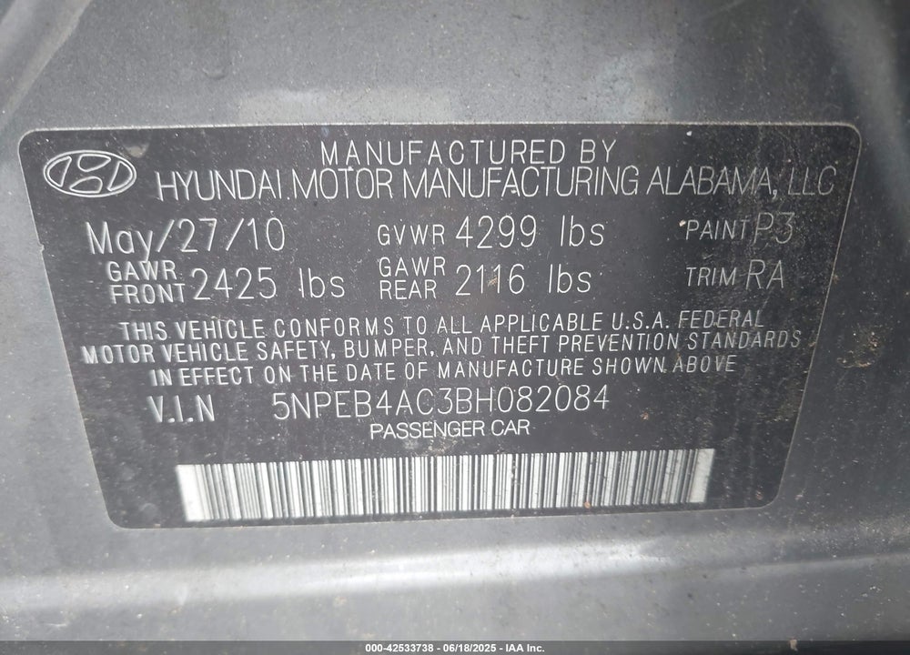 2011 HYUNDAI SONATA VIN: 5NPEB4AC3BH082084