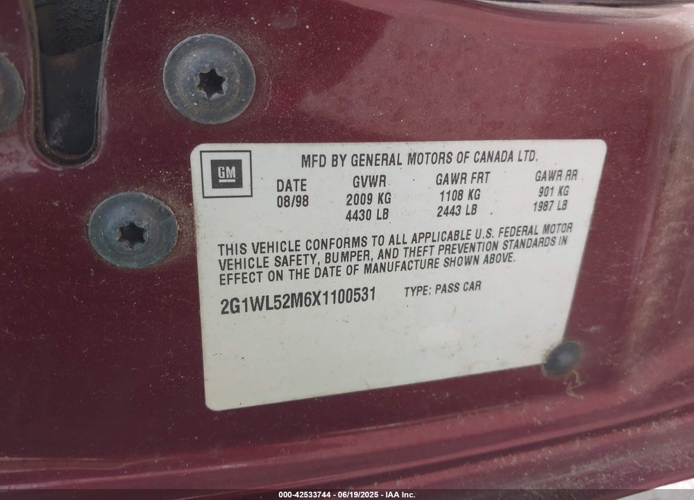 1999 CHEVROLET LUMINA VIN: 2G1WL52M6X1100531