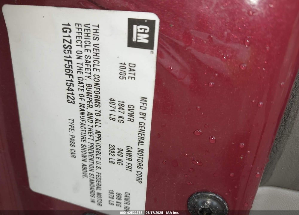2006 CHEVROLET MALIBU VIN: 1G1ZS51F56F154123