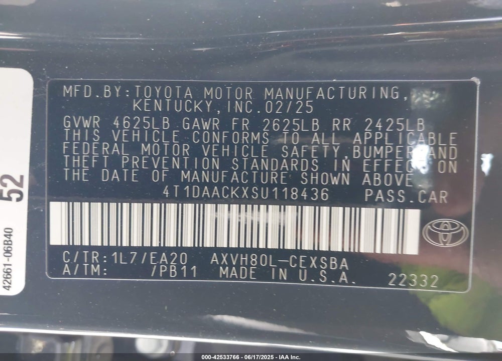 2025 TOYOTA CAMRY SE VIN: 4T1DAACKXSU118436
