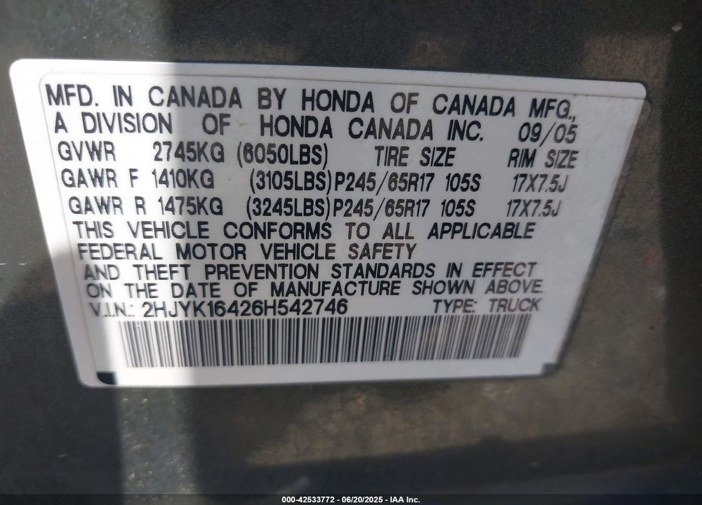 2006 HONDA RIDGELINE RTS VIN: 2HJYK16426H542746