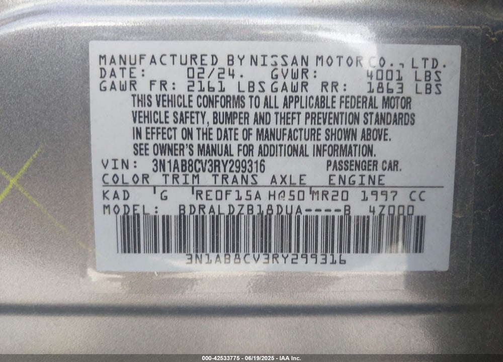 2024 NISSAN SENTRA SV XTRONIC CVT VIN: 3N1AB8CV3RY299316