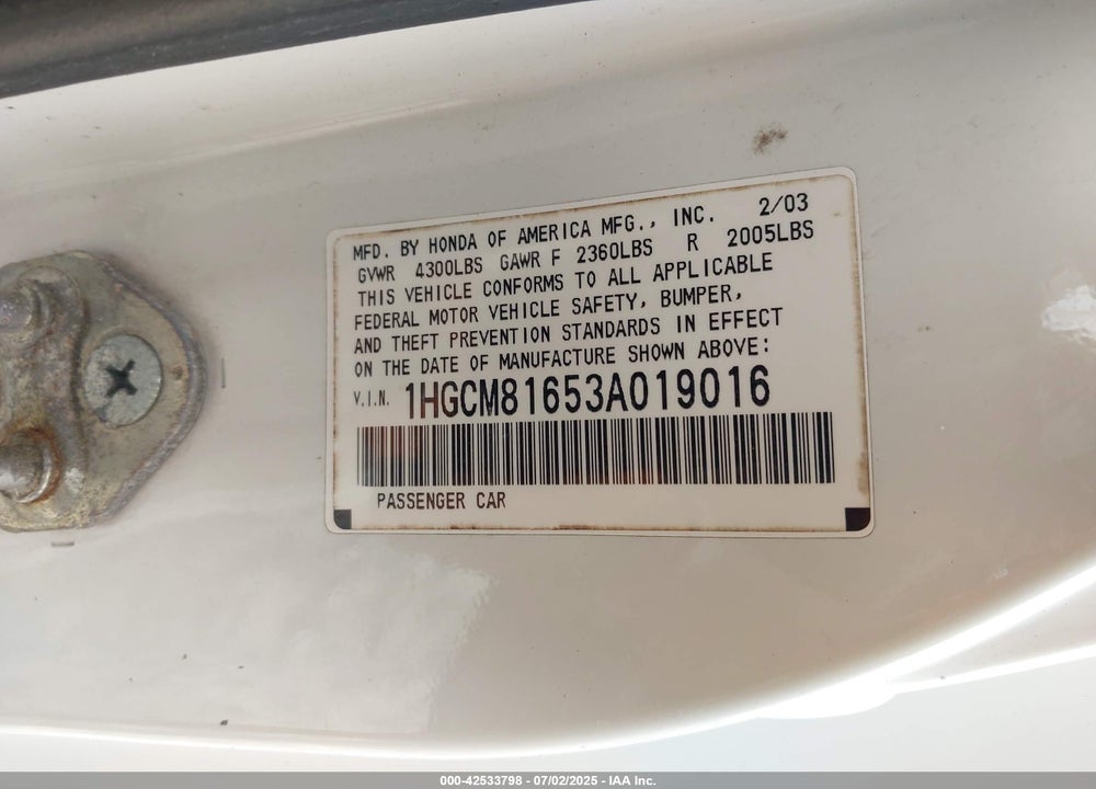 2003 HONDA ACCORD 3.0 EX VIN: 1HGCM81653A019016