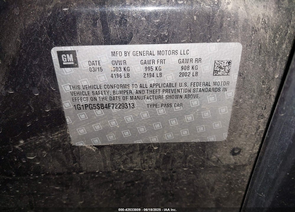 2015 CHEVROLET CRUZE VIN: 1G1PG5SB4F7229313